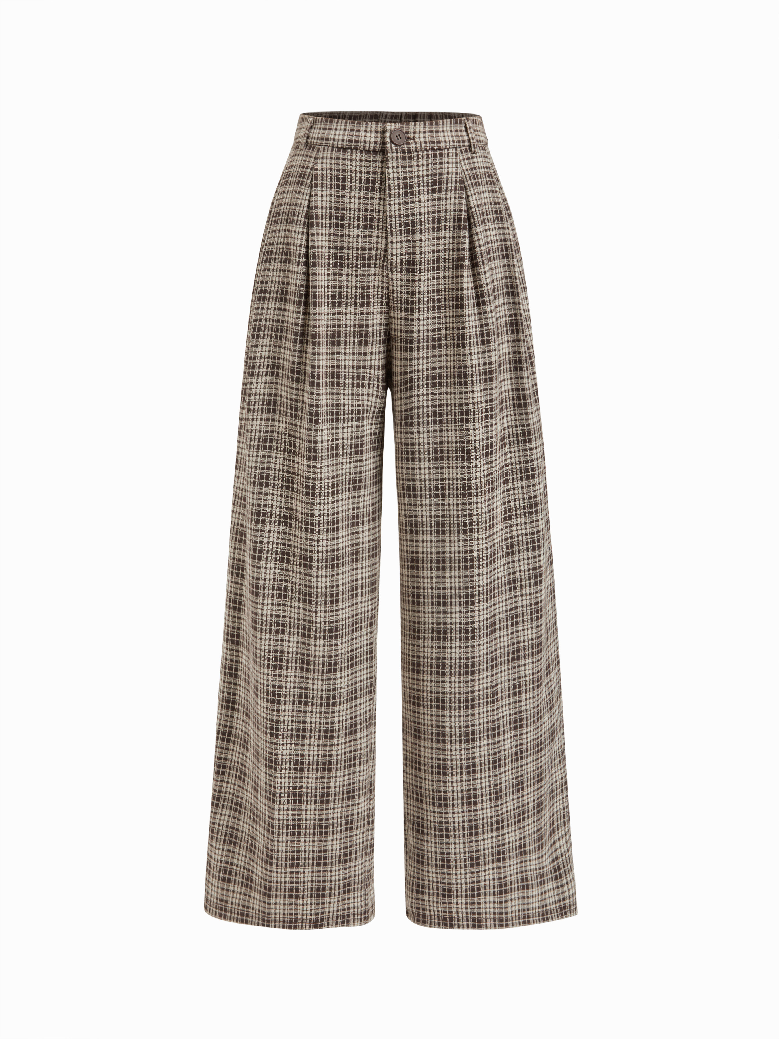 Knit Fabric Mid Rise Plaid Pleated Wide Leg Trousers For Work | Cider