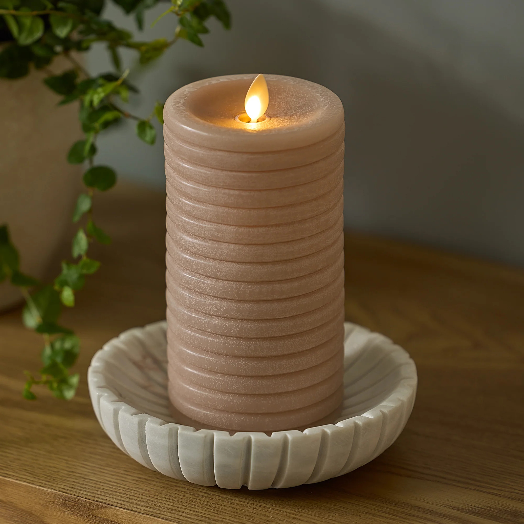 Timeless Taupe Chalky Ribbed Flameless Candle Pillar | Luminara