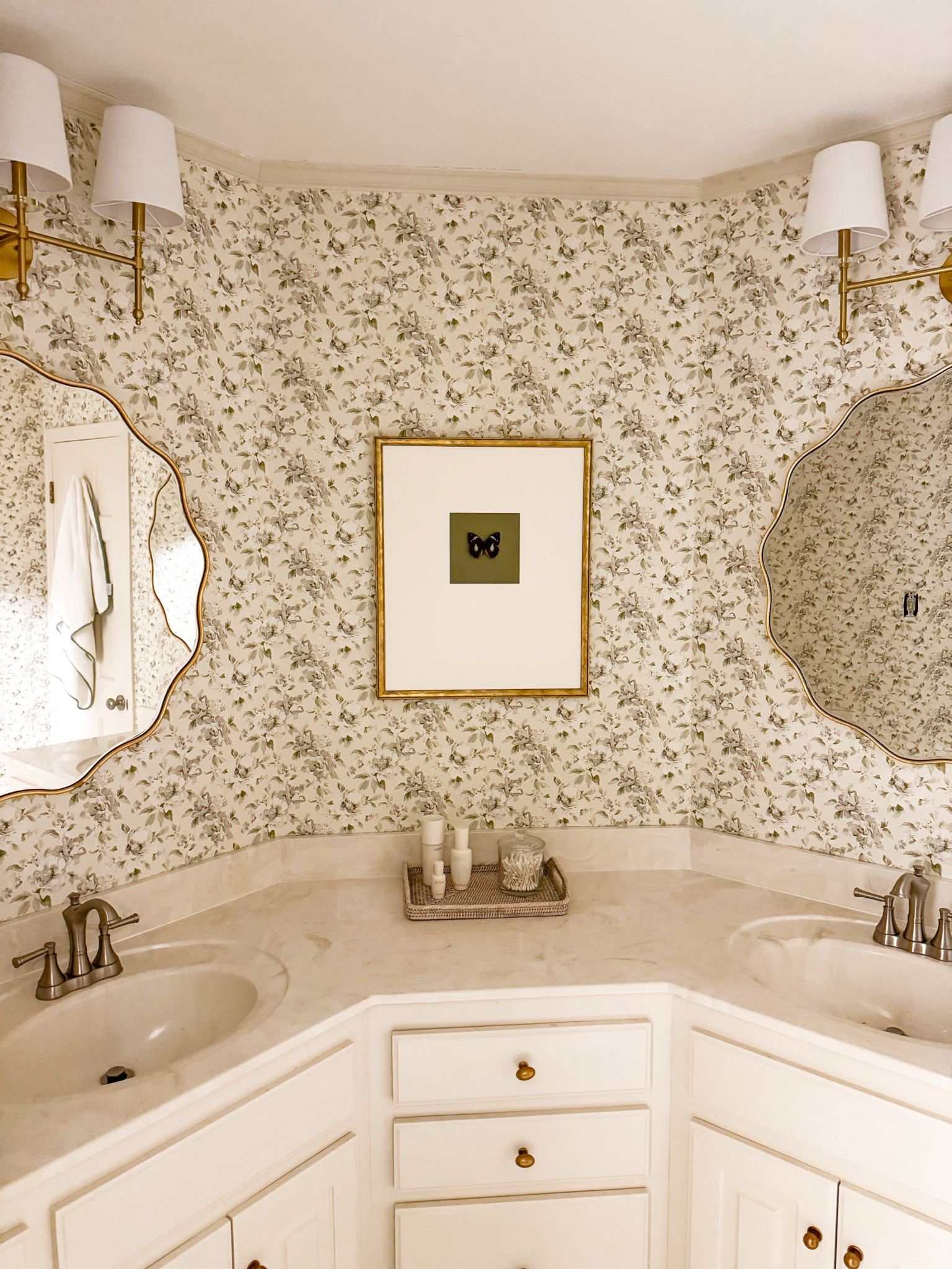Bathroom refresh. Affordable glow up all from Amazon! Floral wallpaper, triple vanity light, scalloped mirrors and butterfly art 

#LTKFindsUnder50 #LTKFindsUnder100 #LTKHome
