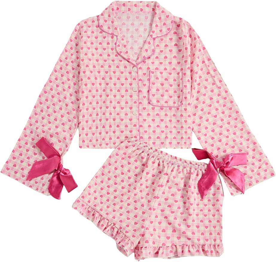 SHENHE Women's Button Down Pajamas 2 Piece Long Sleeve Bow Top Ruffle Shorts Pjs Lounge Set | Amazon (US)