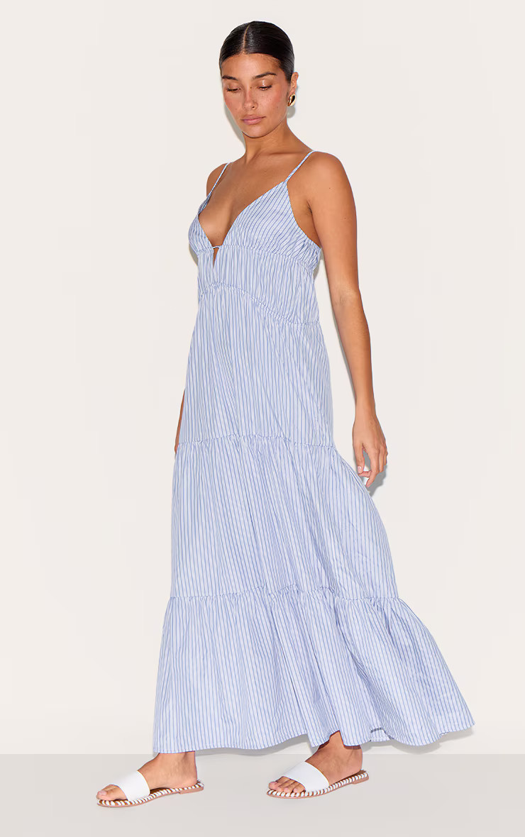 Petite Blue Strappy Pinstripe Tiered Maxi Dress | PrettyLittleThing US
