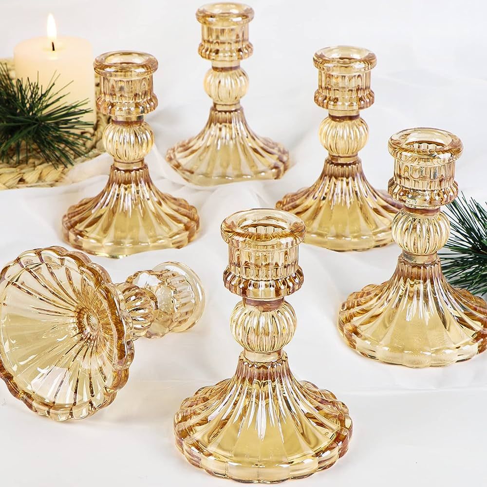 Simeitol Taper Candle Holder Set of 6, Glass Candlestick Holders, Gold for Wedding Centerpieces, ... | Amazon (US)