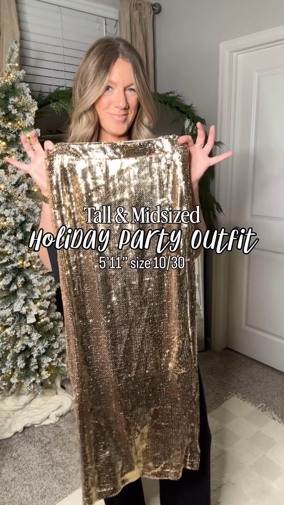 Tall &amp; midsized holiday party outfit! 
✨XL tall sweater (sized up for an oversized fit) large skirt, 11 heels. Lip color: hot tamale (also used for cheeks!) 

#LTKHoliday #LTKOver40 #LTKTall