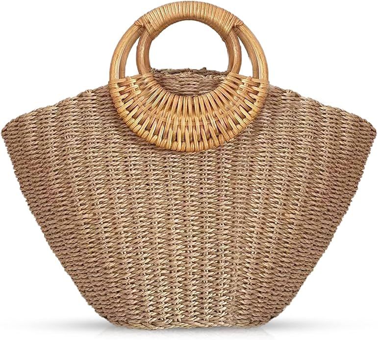 Straw Bag, Summer Beach Bag for Women, Hand-Woven Handbag, Creative Bamboo Handle, Large Woven Ba... | Amazon (US)