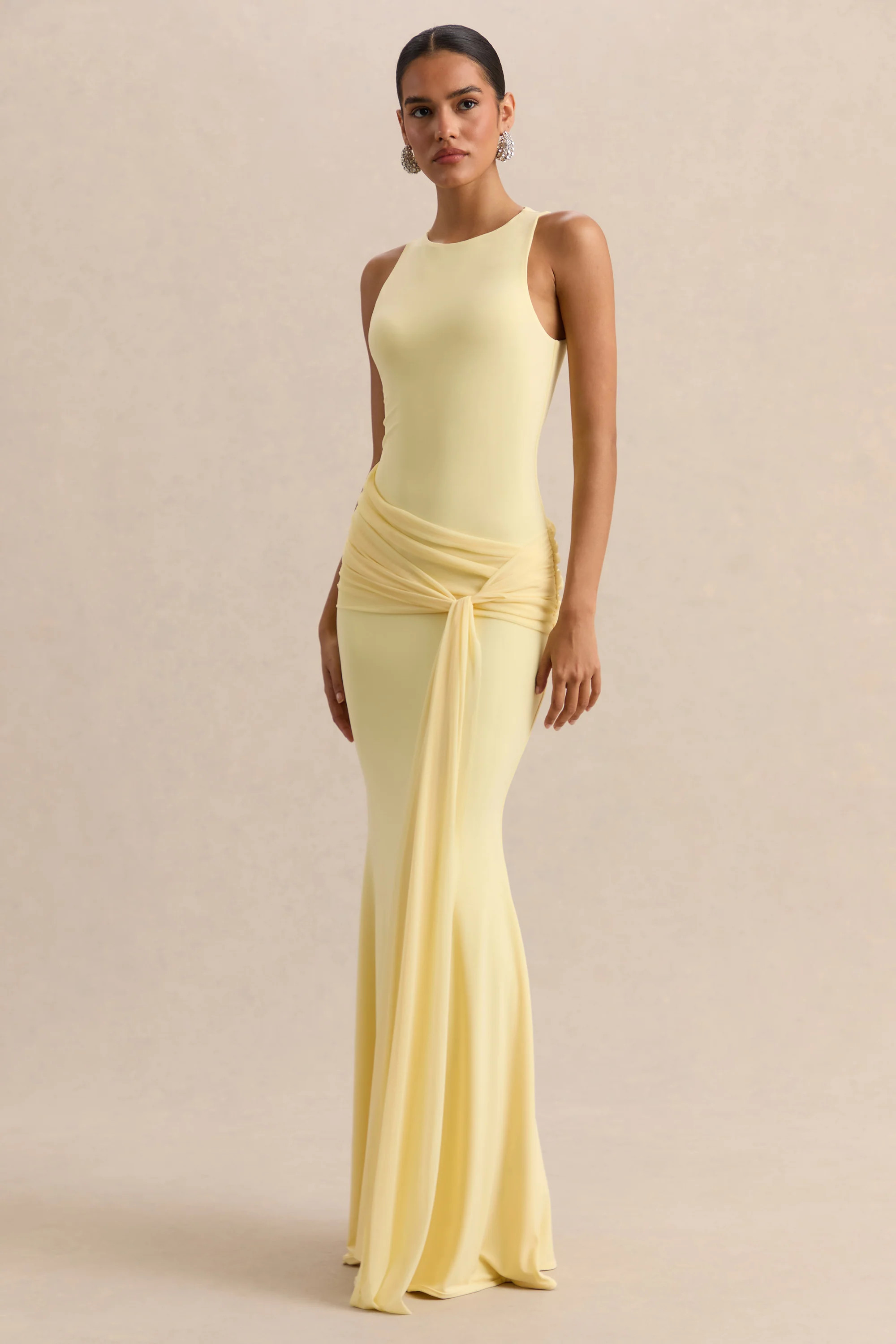 Mirene | Lemon Round-Neck Maxi-Dress With Gathered-Detailing And Sash | Club L London