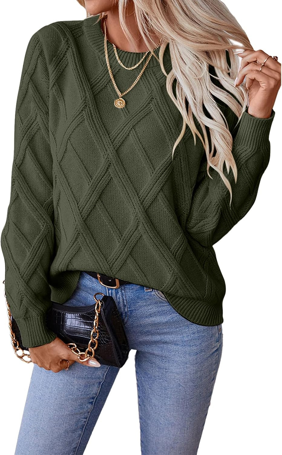 SHEWIN Womens Sweaters Crewneck Cable Knit Sweater Long Sleeve Fall Tops for Women 2026 | Amazon (US)