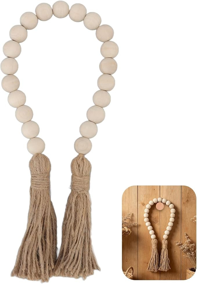 Buachois Farmhouse Beads 24in Wood Bead Garland with Tassels Rustic Country Decor Prayer Wall Han... | Amazon (US)