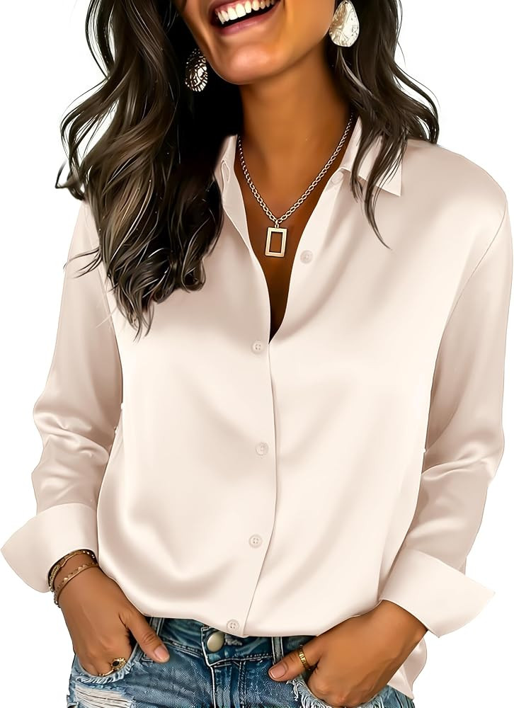 Womens Satin Silk Button Down Shirts Long Sleeve Blouse Casual Work Office Tops | Amazon (US)