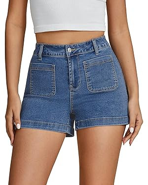 luvamia Jean Shorts for Women High Waisted Trendy Flat Pockets Cutoff Stretchy Denim Shorts Casua... | Amazon (US)