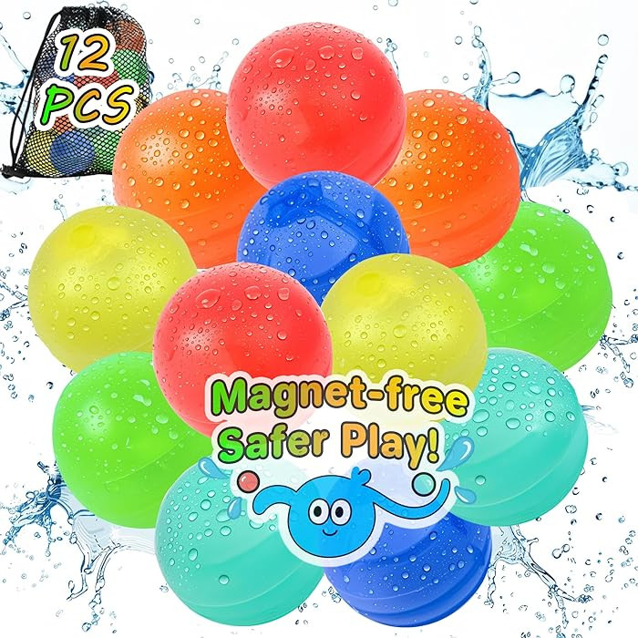 12 PCS Reusable Water Balloons - No-Magnets, Refillable Water Balloons with Mesh Bag, Quick Fill ... | Amazon (US)
