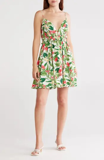 WAYF Shirred Linen Blend Minidress in Hibiscus Tropical at Nordstrom Rack, Size Medium | Nordstrom Rack