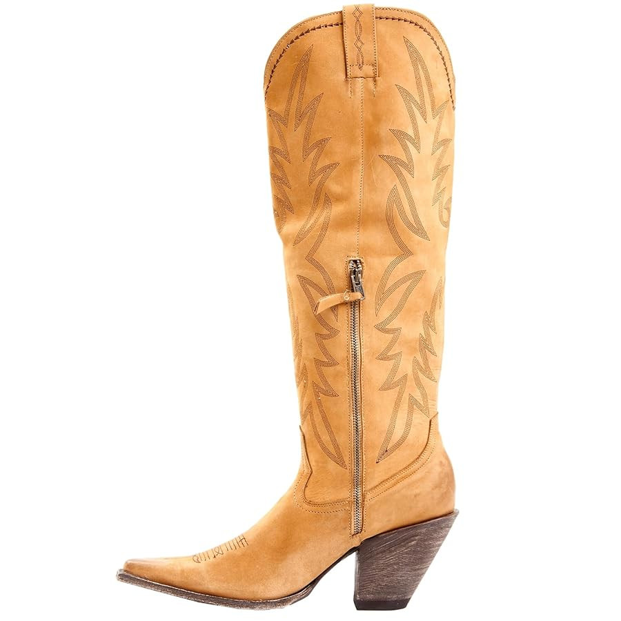 Western Women's Embroidered Cowboy Knee-High Boots Pointed Women's Boots Side Zipper Chunky Heel ... | Amazon (US)