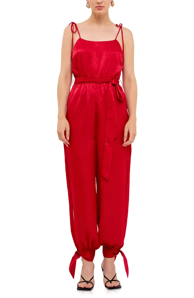 Tie Detail Slit Leg Satin Jumpsuit | Nordstrom