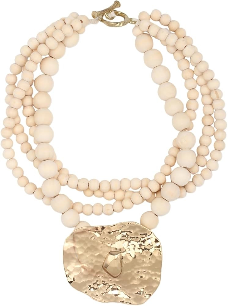 Multi Strands Bead Pendant Necklace for Women Stone Wood Pearl Gold Color Metal Charm Fashion Eth... | Amazon (US)