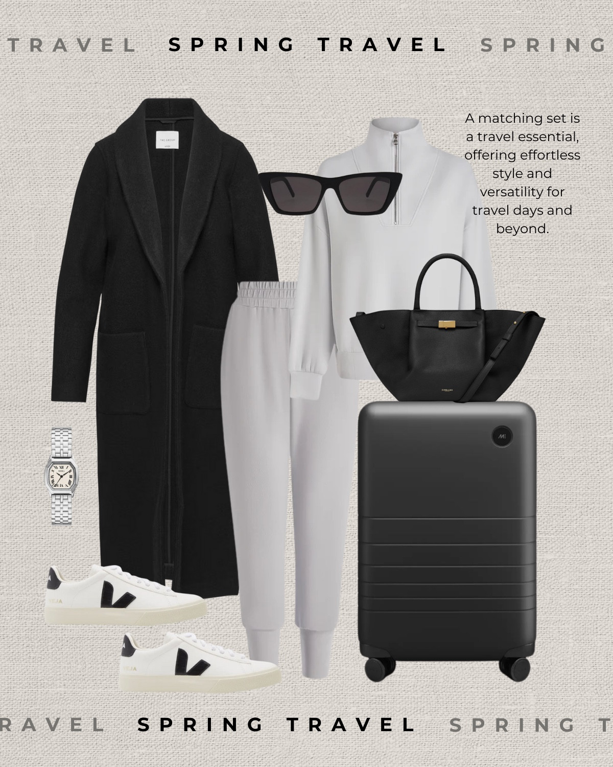 Spring travel outfit 

Black coatigan / duster cardigan / gray matching set / black leather tote bag / black suitcase / sneakers / gold watch / sunglasses / minimal style / travel airport outfit 

#LTKSeasonal #LTKStyleTip #LTKTravel
