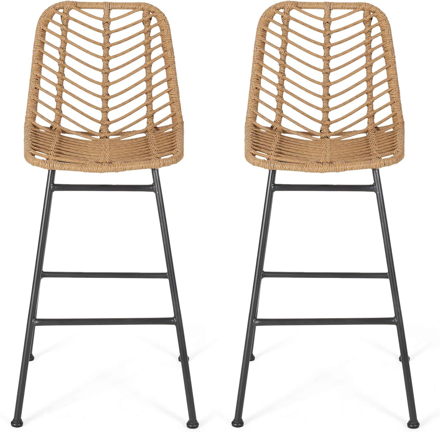 Jessie Outdoor Wicker Barstools (Set of 2), Light Brown and Black | Amazon (US)