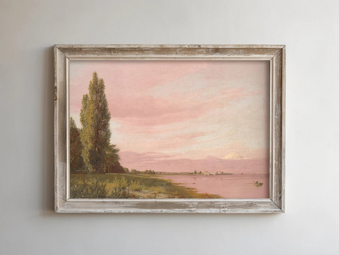 Pink Sunset Landscape Painting, Pink Art Print, Vintage Landscape, Fine Art, Vintage Oil Painting... | Etsy (US)