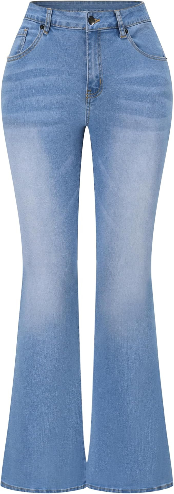 THUNDER STAR Womens Stretchy Mid Rise Flare Jeans Distressed Denim Bell Bottom Pants | Amazon (US)