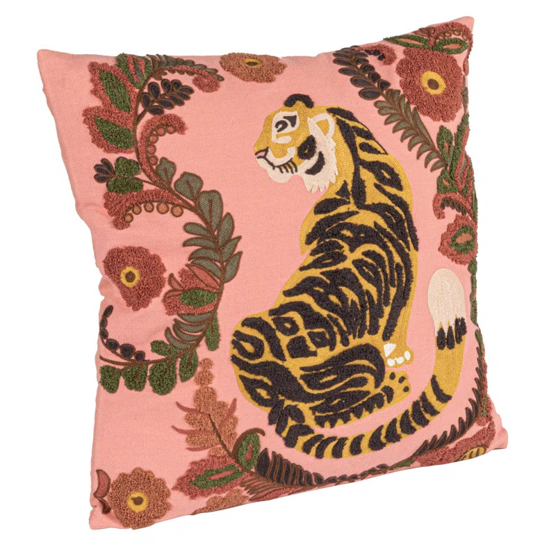 Embroidered Tiger And Flowers Cotton Slub Pillow | Wayfair North America