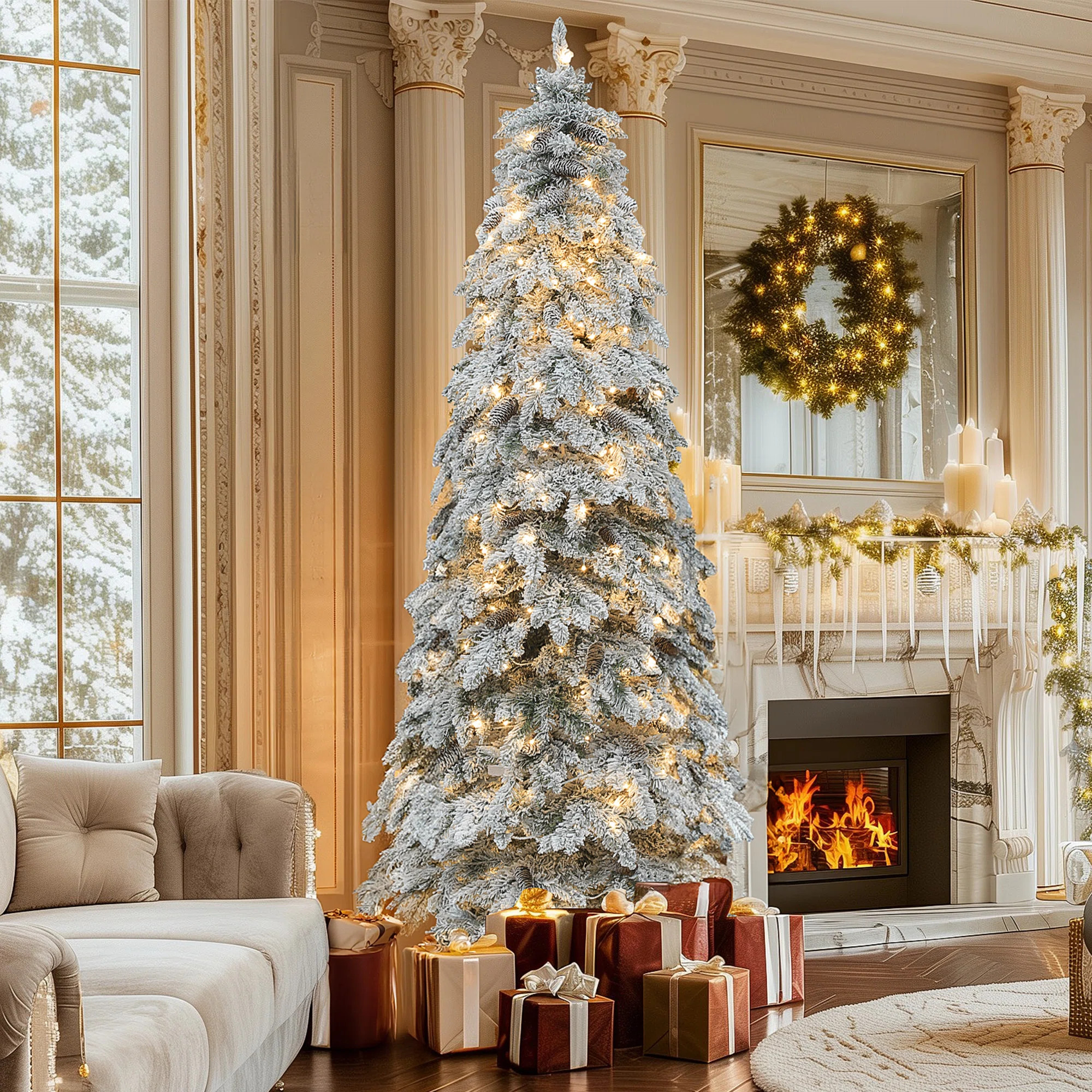 The Holiday Aisle® Snow-Flocked Pencil Spruce Artificial Christmas Tree with Pinecones | Wayfair | Wayfair North America