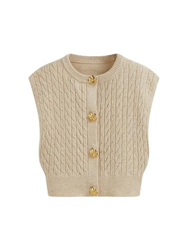 CIDER Sleeveless Knit Cardigan Sweater Women Crew Neck Casual Rose Button Cable Knit Vest | Amazon (US)