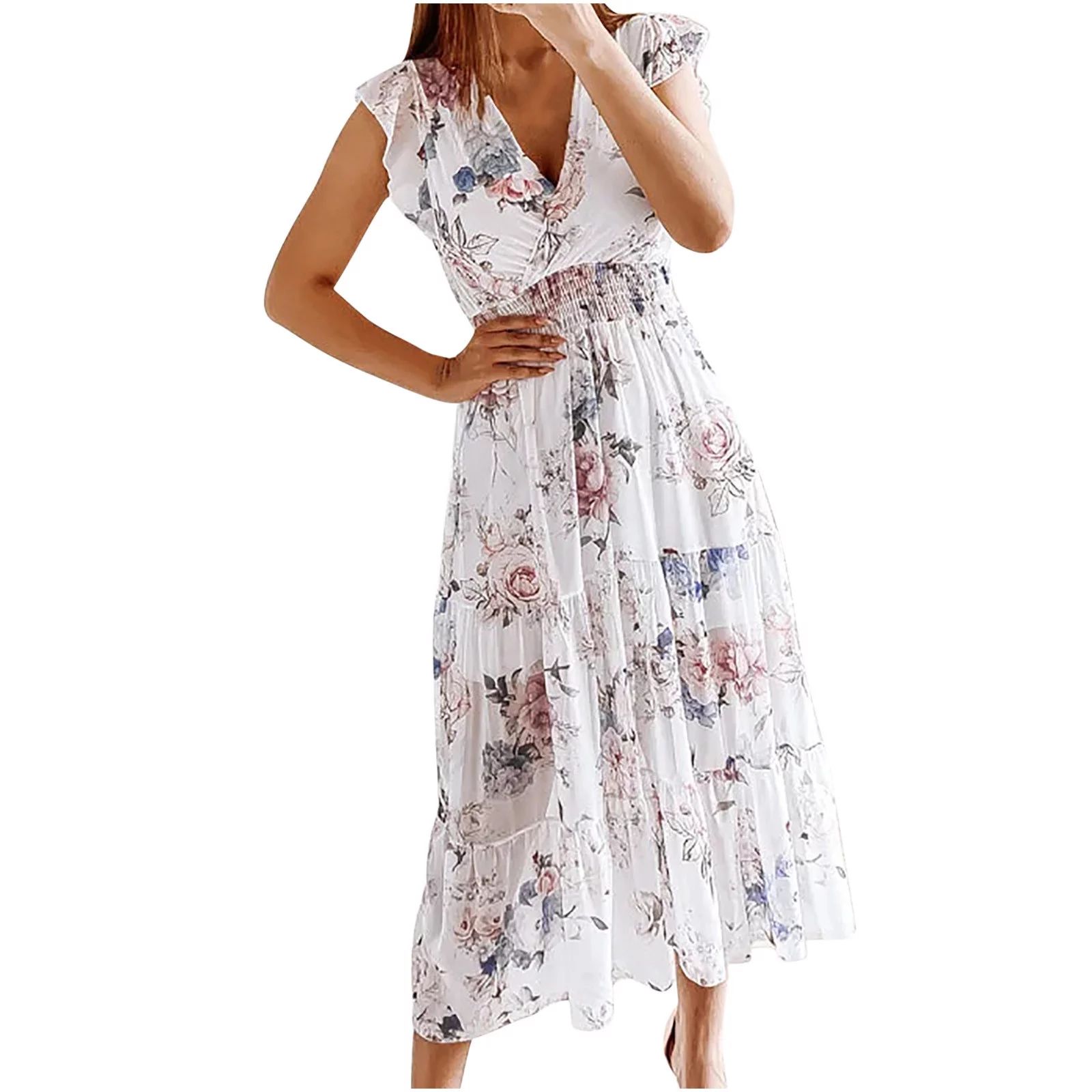 Fesfesfes Spring Dresses for Women Floral Print Bohemian Dress Loose Casual V-neck Dress Ruffles ... | Walmart (US)