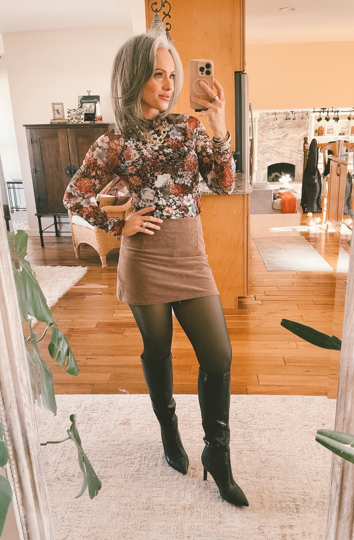 Top: tts in a small
Skirt: runs a bit fitted/short I’m in a 4 would prefer next size up 
Fleece tights: in a medium which fits sizes XS-M
Boots: tts 
#thanksgivingoutfit #datenight #fallootd #falldatenight #fallskirt #fleecelinedtights 

#LTKOver40 #LTKmomlife #LTKSeasonal