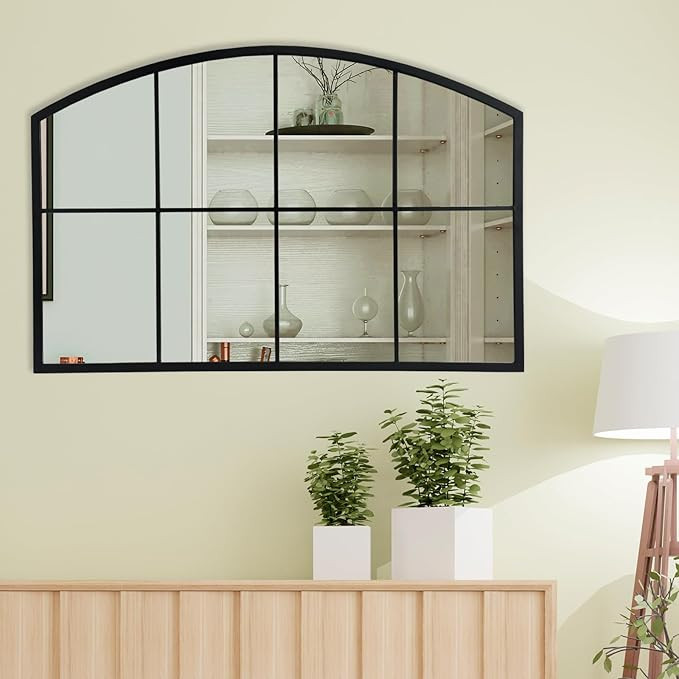 Arched Window Mirror, 42”x28” Modern Wide Windowpane Mirror with Metal Frame, Large Black Wal... | Amazon (US)