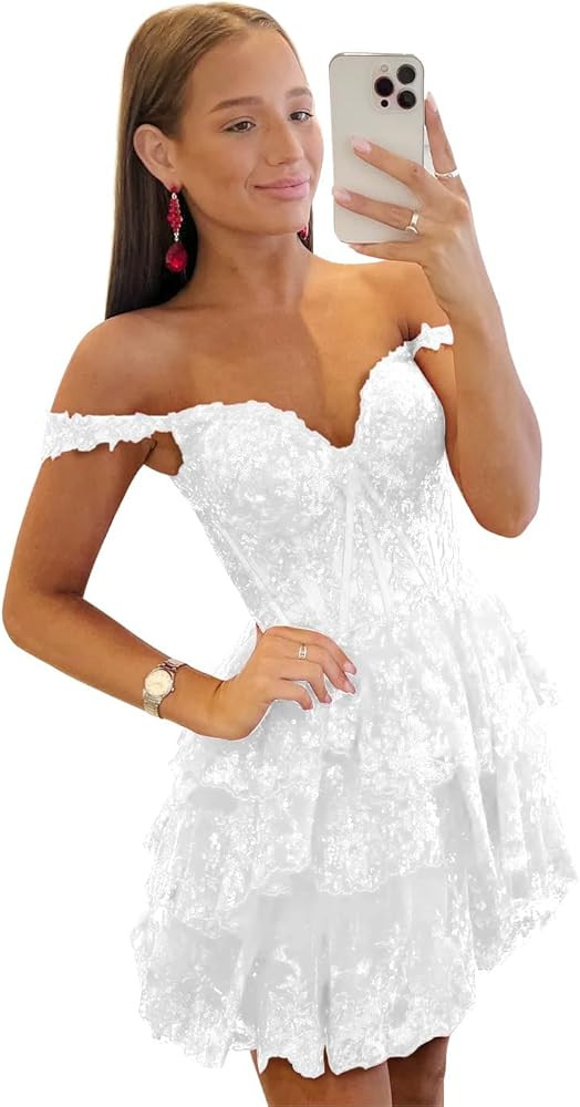 Jingguo'er Tiered Lace Homecoming Dresses for Teens Short Sparkly Sequins Tulle Corset Prom Dress... | Amazon (US)