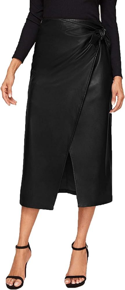SweatyRocks Women's Elegant High Waist Knot Side Wrap PU Leather Midi Skirt | Amazon (US)