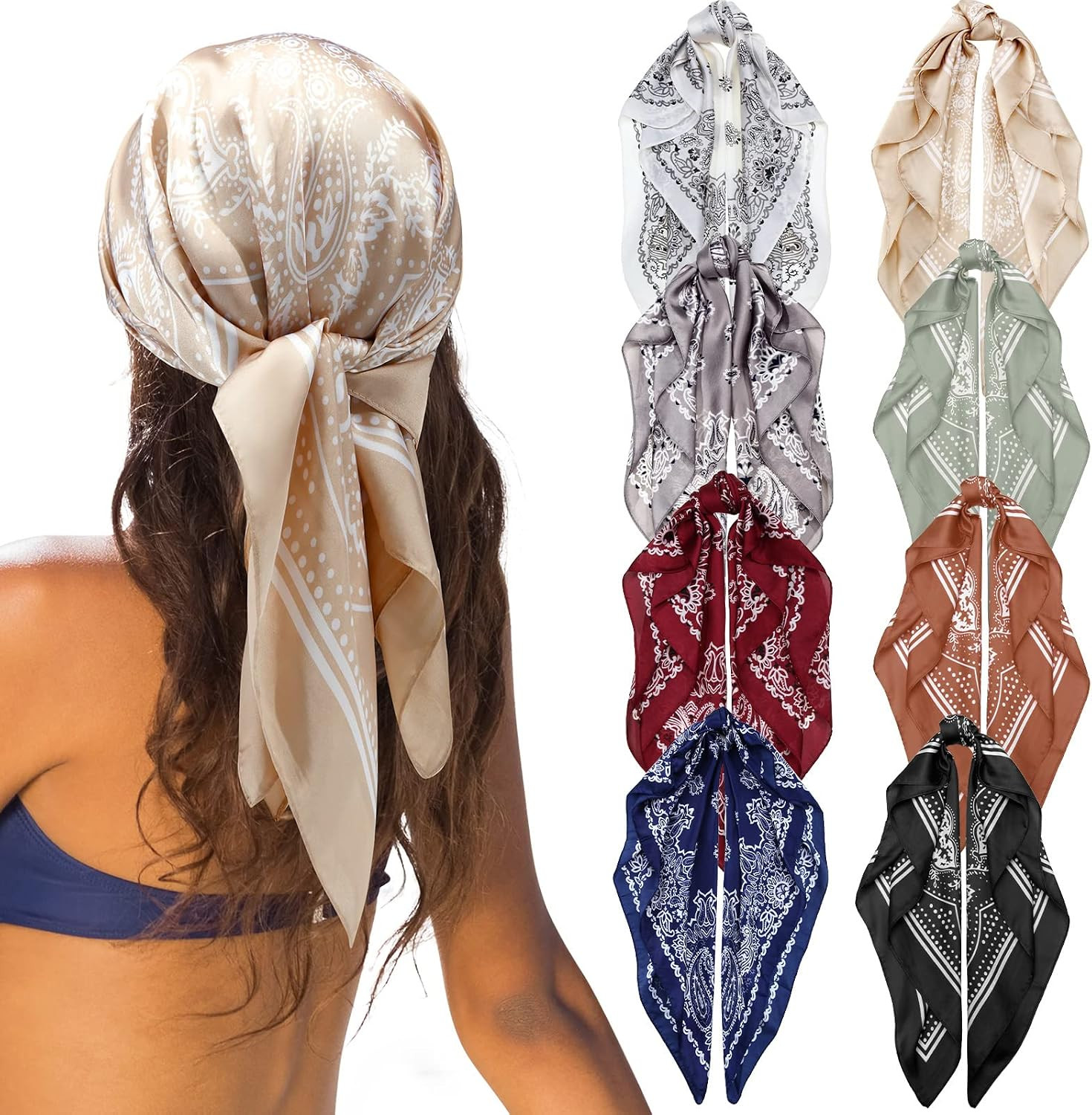 Zhanmai 8 Pcs 27.5 x 27.5 Inch Square Satin Head Scarves Women Silk Bandana Hair Scarves Hair Wrap Neck Scarf for Sleeping(Elegant Pattern) | Amazon (US)