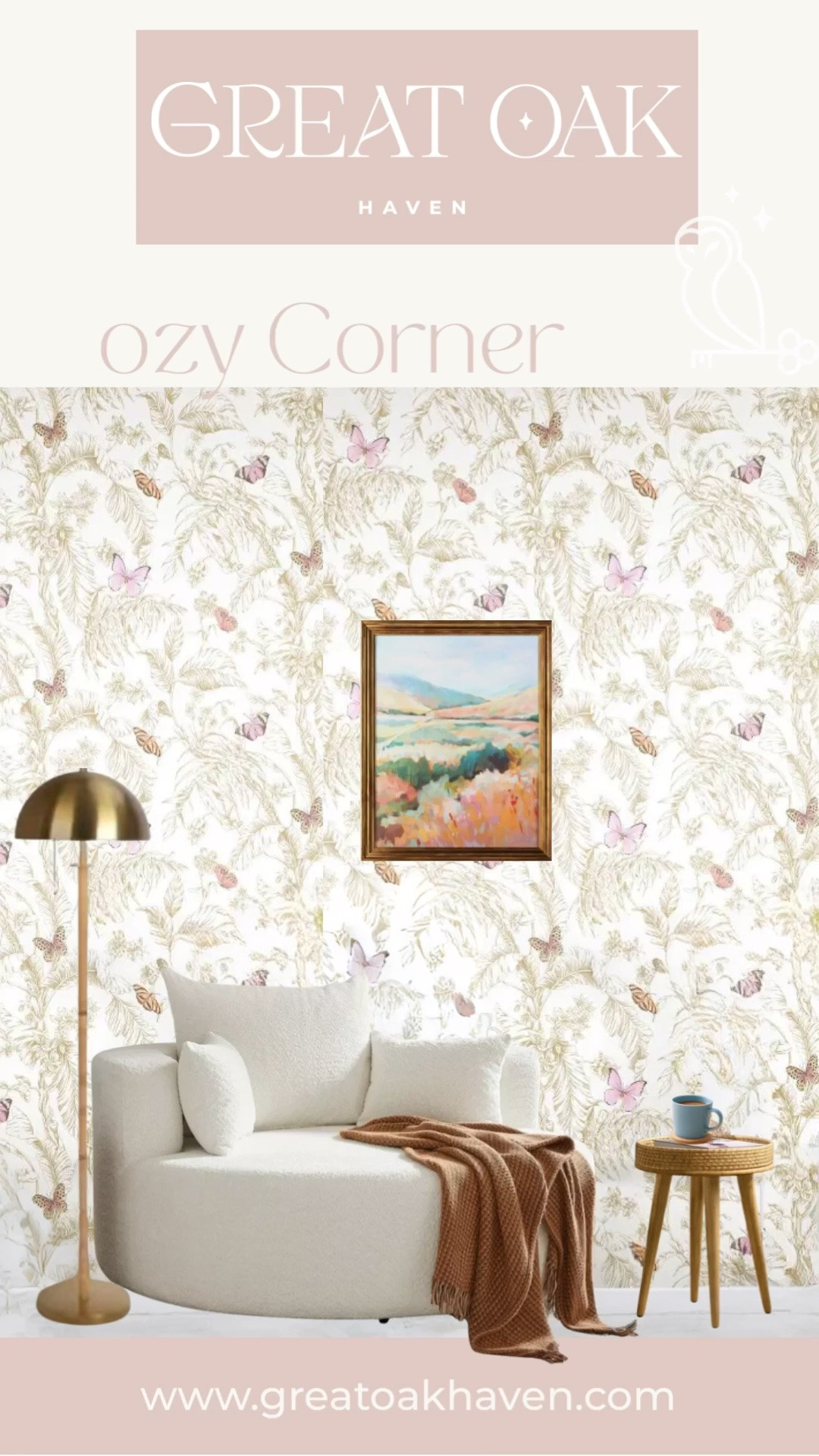 Shop the Look: The "Thinking Chair" Moodboard 🕯️🛋️ For the Target 🎯 loving mama. 

Stop dreaming about a Pinterest-perfect home and start living in one! I’ve curated this cozy corner featuring the best Anthro-inspired wallpaper dupes and textural accents.
How to get this look:
1.	Shop the Post: Everything from the boucle chair to the brass lamp is linked below!
2.	Hire Me: Need help figuring out which wallpaper works in your house? My eDesign services provide you with a full floor plan, shopping list, and 3D visual like this one. Just DM on Insta to get started on @greatoakhaven ✨

#LTKHome #LTKmomlife #LTKselfcare