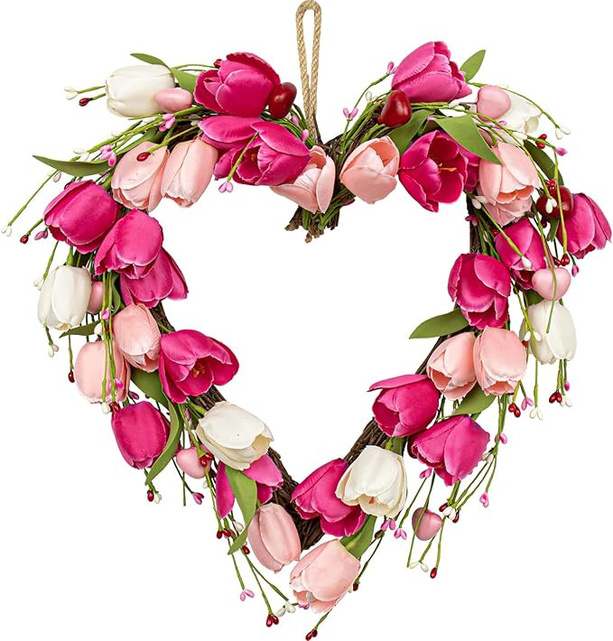 VioletEverGarden Valentine’s Day Wreath 18inch Valentines Day Door Wreath with White Pink Red T... | Amazon (US)