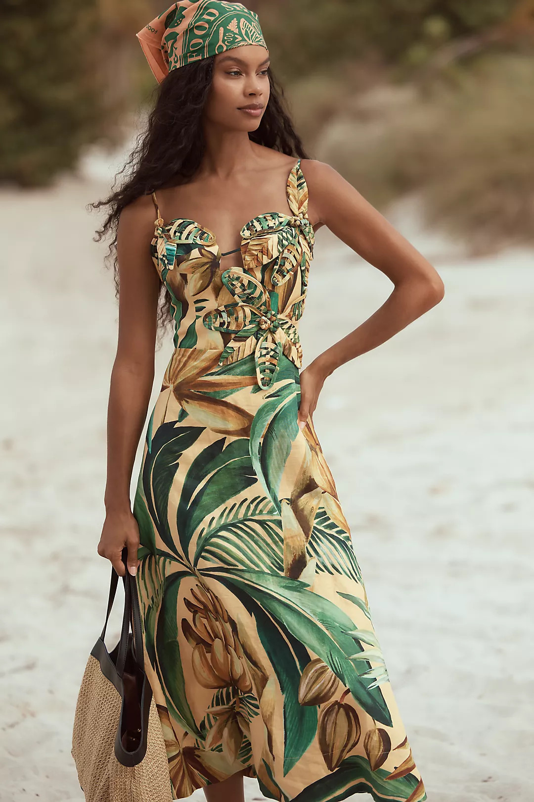 Farm Rio Sleeveless Sweetheart Linen A-Line Midi Dress | Anthropologie (US)