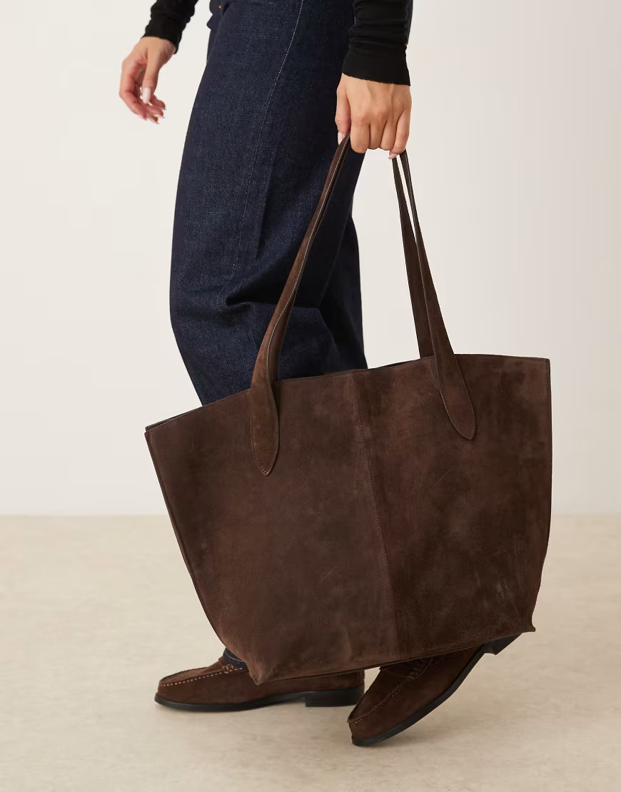 Mango leather shouder bag with inner pocket bag in dark brown | ASOS (Global)