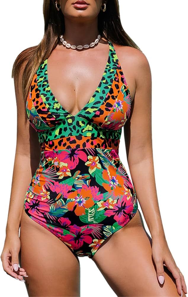 popvil Women's One Piece Swimsuit Leopard Bathing Suit Floral Printed Swimwear V Neck | Amazon (US)