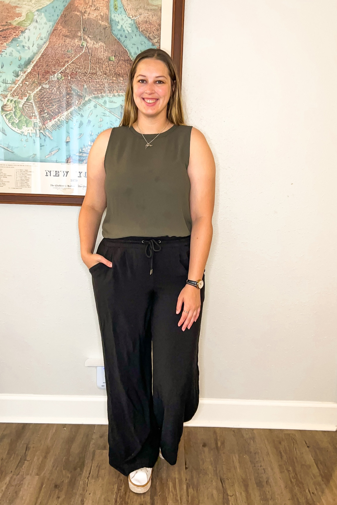 July 30 OOTD - loft olive green sleeveless tank (size medium, linking currently pattern available 30% off) - perfect for layering for work pieces, target a new day gauze black wide leg pants (size medium, run long in length), Nike white sneakers (size 9)

Midsize, midsize outfit, Outfit inspo, target finds, affordable finds, work outfit, summer outfit, effortless outfit, casual outfit, summer Friday outfit 

#LTKWorkwear #LTKFindsUnder50 #LTKMidsize