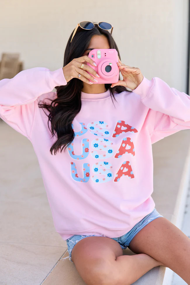 USA Floral Light Pink Oversized Graphic Sweatshirt | Pink Lily