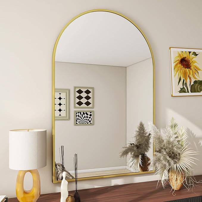 BEAUTYPEAK Wall Mounted Mirror, 26 inch x38 inch Arch Bathroom Mirror, Gold Vanity Wall Mirror w/... | Amazon (US)