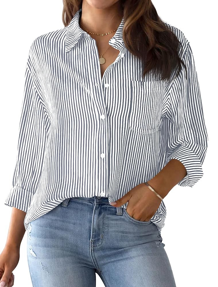 AISEW Womens Button Down Shirts Striped Classic Long Sleeve Collared Office Work Blouses Tops wit... | Amazon (US)