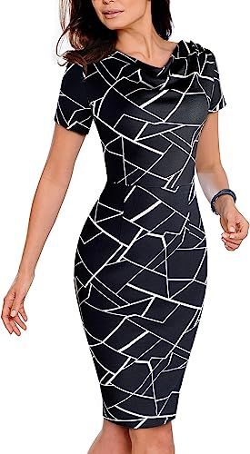 Amazon.com: VELJIE Womens Cowl Neck Printed Wear to Work Party Dresses(Black Geometry,8) : Clothi... | Amazon (US)