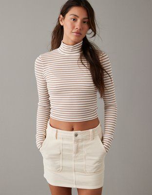 AE Long-Sleeve Cropped Hey Baby Mock Neck Tee | American Eagle Outfitters (US & CA)