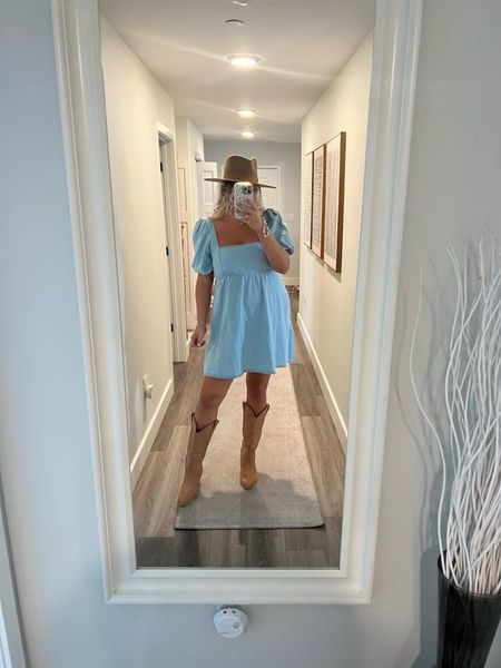 Denim babydoll dress and cowboy boots, country concert look, rodeo outfit ideas, country concert outfits, festival outfit, festival look

#LTKstyletip #LTKmidsize #LTKFestival