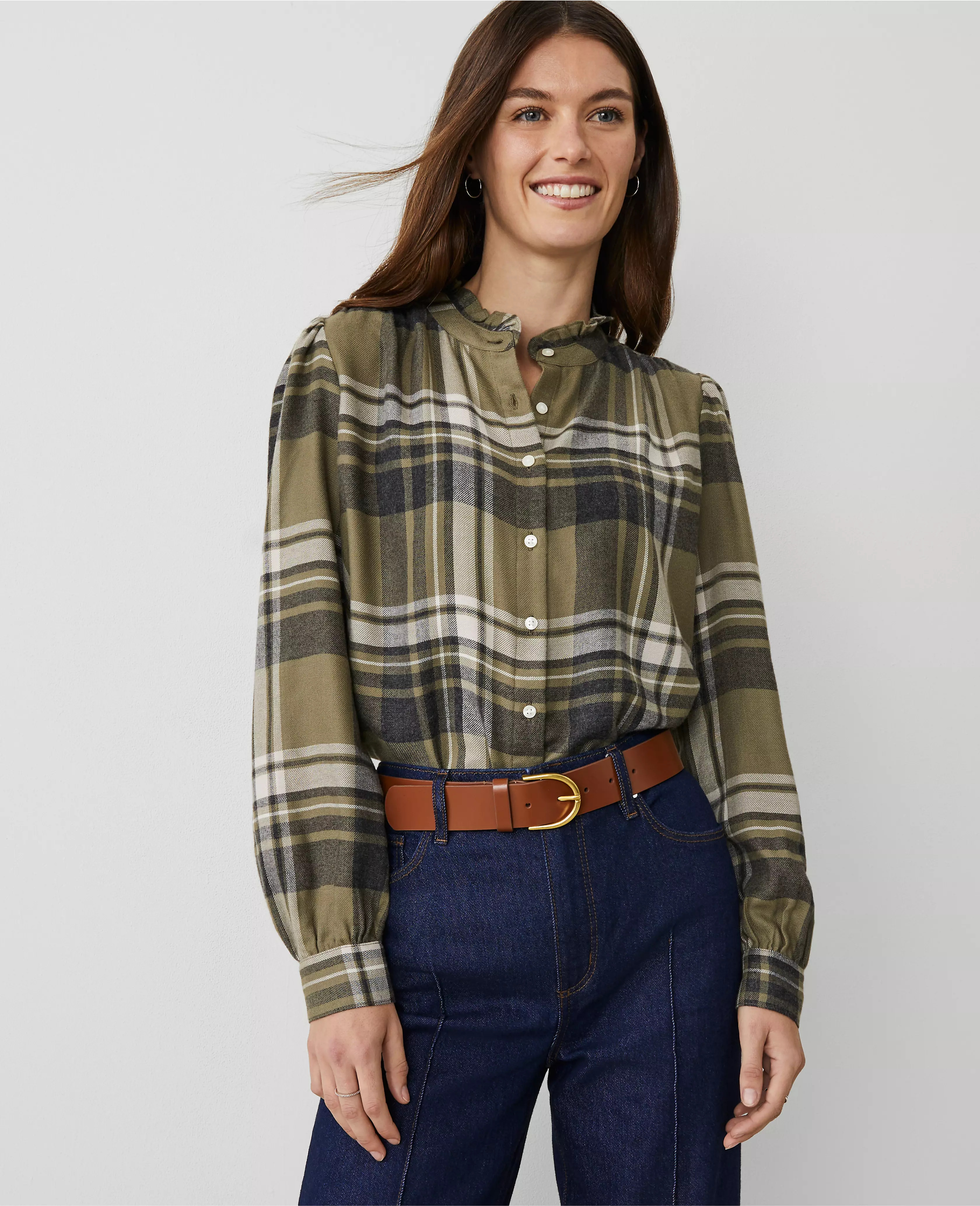 Plaid Ruffle Neck Flannel Shirt | Ann Taylor