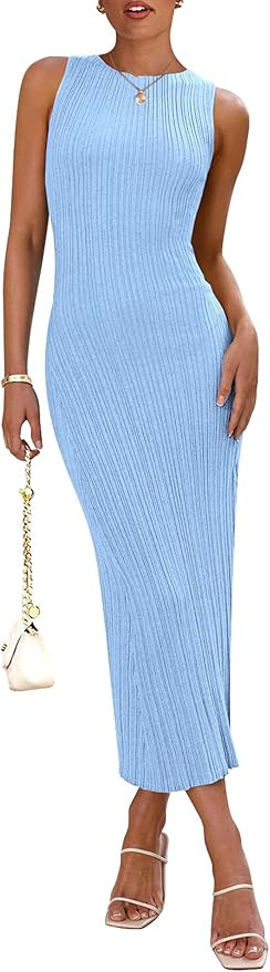 PRETTYGARDEN Women's 2025 Summer Casual Maxi Dresses Ribbed Knit Sleeveless Bodycon Long Elegant ... | Amazon (US)
