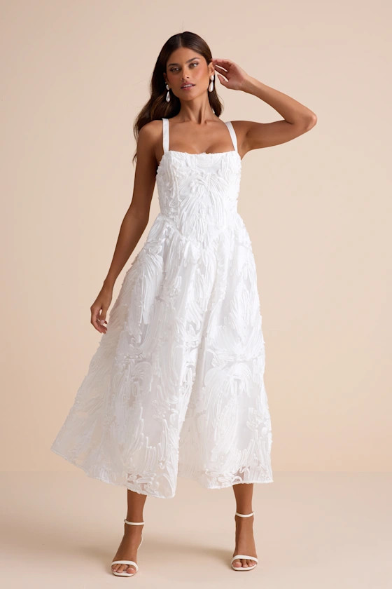 Perkins White Textured Lace-Up Corset Midi Dress | Lulus