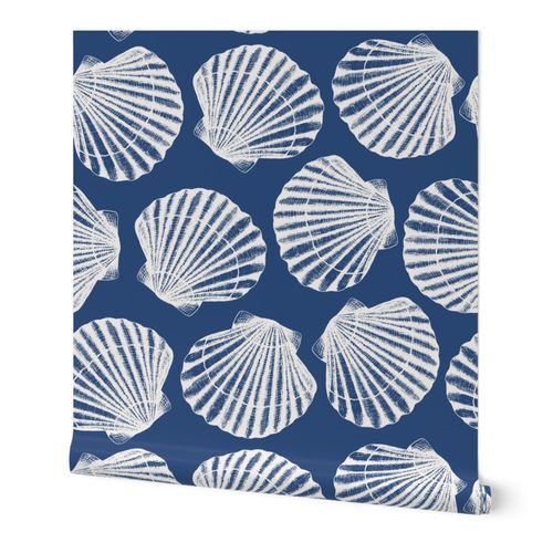 Sea shells cobalt blue and white coastal toile - large scale | Spoonflower