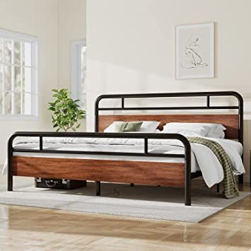 SHA CERLIN King Size Metal Bed Frame with Round Wooden Headboard and Footboard, Heavy Duty Platfo... | Amazon (US)