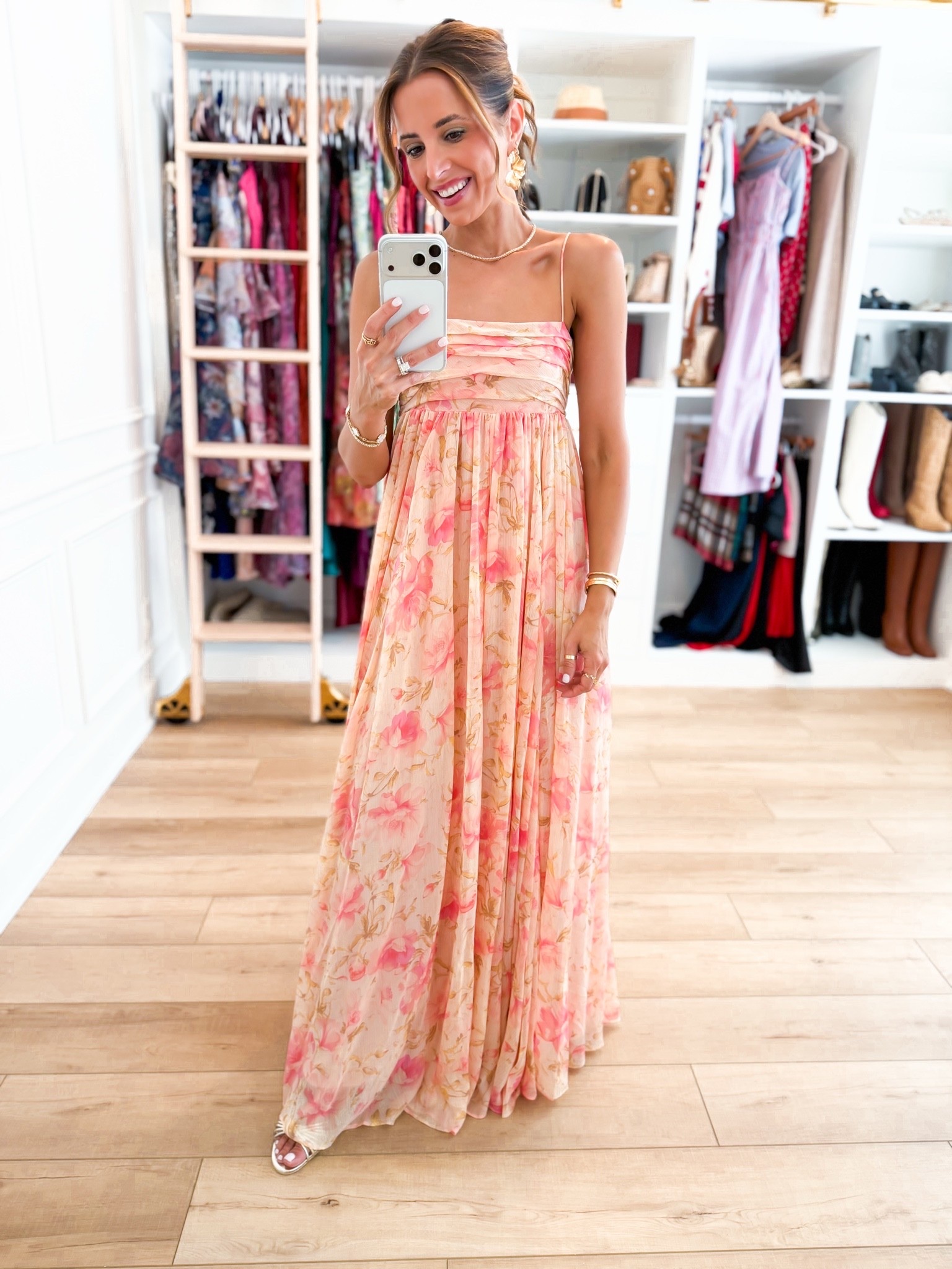 The prettiest cocktail dress for a summer wedding or fall wedding. Floral maxi dress in XS - size down if in-between. Party dress. Dinner dress. Semi formal dress. Garden wedding. Gold heels are TTS.

#LTKWedding #LTKTravel #LTKootd