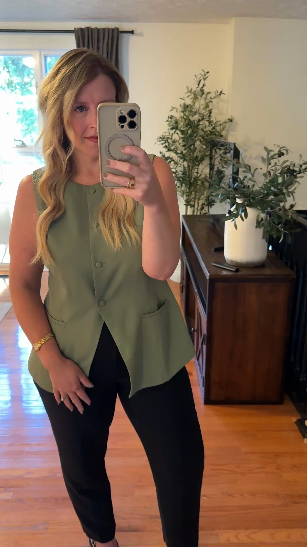 Fall Transition Outfit, Sage Waistcoat, Black Woven Slingbacks